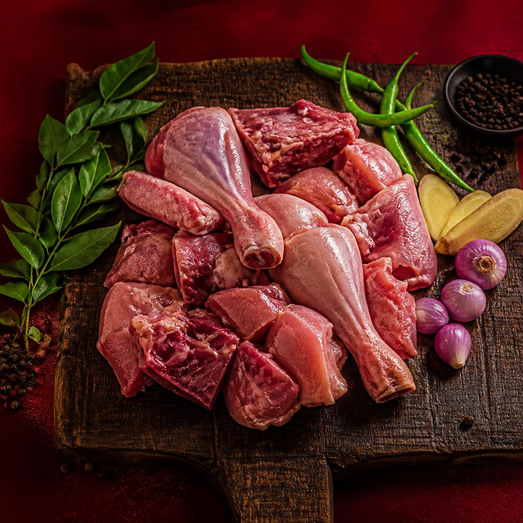 Fresh raw country chicken cut pieces with curry leaves and ginger